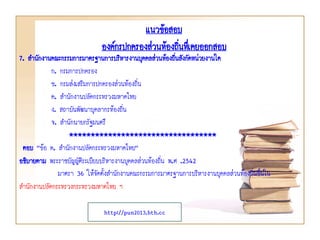 7. สานักงานคณะกรรมการมาตรฐานการบริหารงานบุคคลส่วนท้องถิ่นสังกัดหน่วยงานใด
ก. กรมการปกครอง
ข. กรมส่งเสริมการปกครองส่วนท้องถิ่น
ค. สานักงานปลัดกระทรวงมหาดไทย
ง. สถาบันพัฒนาบุคลากรท้องถิ่น
จ. สานักนายกรัฐมนตรี
**********************************
ตอบ “ข้อ ค. สานักงานปลัดกระทรวงมหาดไทย”
อธิบายตาม พระราชบัญญัติระเบียบบริหารงานบุคคลส่วนท้องถิ่น พ.ศ .2542
มาตรา 36 ให้จัดตั้งสานักงานคณะกรรมการมาตรฐานการบริหารงานบุคคลส่วนท้องถิ่นขึ้นใน
สานักงานปลัดกระทรวงกระทรวงมหาดไทย ฯ
แนวข้อสอบ
องค์กรปกครองส่วนท้องถิ่นทึ่เคยออกสอบ
http://pun2013.bth.cc
 