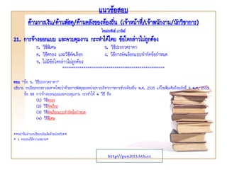 แนวข้อสอบ
ด้านการเงิน/ด้านพัสดุ/ด้านคลังของท้องถิ่น (เจ้าหน้าที่/เจ้าพนักงาน/นักวิชาการ)
โดยประพันธ์ เวารัมย์
http://pun2013.bth.cc
21. การจ้างออกแบบ และควบคุมงาน กระทาได้โดย ข้อใดกล่าวไม่ถูกต้อง
ก. วิธีพิเศษ ข. วิธีประกวดราคา
ค. วิธีตกลง และวิธีคัดเลือก ง. วิธีการคัดเลือกแบบจากัดข้อกาหนด
จ. ไม่มีข้อใดกล่าวไม่ถูกต้อง
*****************************************************
ตอบ “ข้อ ข. วิธีประกวดราคา”
อธิบาย ระเบียบกระทรวงมหาดไทยว่าด้วยการพัสดุของหน่วยการบริหารราชการส่วนท้องถิ่น พ.ศ. 2535 แก้ไขเพิ่มเติมถึงฉบับที่ 9 พ.ศ. 2553
ข้อ 88 การจ้างออกแบบและควบคุมงาน กระทาได้ 4 วิธี คือ
(1) วิธีตกลง
(2) วิธีคัดเลือก
(3) วิธีคัดเลือกแบบจากัดข้อกาหนด
(4) วิธีพิเศษ
**อย่าลืมอ่านระเบียบฉบับเต็มด้วยน่ะครับ**
* 1 คะแนนก็มีความหมาย*
 