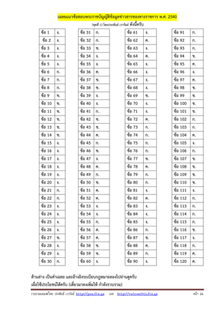 รวบรวมเผยแพรโดย ประพันธ เวารัมย http://pun.fix.gs และ http://valrom2012.fix.gs หนา 24
เฉลยแนวข้อสอบพระราชบัญญัติข้อมูลข่าวสารของทางราชการ พ.ศ. 2540
(ชุดที่ 1) โดยประพันธ์ เวารัมย์ ดังนี้ครับ
ข้อ 1 ง. ข้อ 31 ก. ข้อ 61 ง. ข้อ 91 ก.
ข้อ 2 ง. ข้อ 32 ก. ข้อ 62 ค. ข้อ 92 ก.
ข้อ 3 ง. ข้อ 33 ข. ข้อ 63 ง. ข้อ 93 ก.
ข้อ 4 ง. ข้อ 34 ง. ข้อ 64 ค. ข้อ 94 ข.
ข้อ 5 ง. ข้อ 35 ง. ข้อ 65 ง. ข้อ 95 ค.
ข้อ 6 ก. ข้อ 36 ค. ข้อ 66 ง. ข้อ 96 ง.
ข้อ 7 ก. ข้อ 37 ข. ข้อ 67 ง. ข้อ 97 ค.
ข้อ 8 ก. ข้อ 38 ข. ข้อ 68 ง. ข้อ 98 ข.
ข้อ 9 ข. ข้อ 39 ง. ข้อ 69 ข. ข้อ 99 ข.
ข้อ 10 ข. ข้อ 40 ง. ข้อ 70 ง. ข้อ 100 ข.
ข้อ 11 ข. ข้อ 41 ก. ข้อ 71 ง. ข้อ 101 ข.
ข้อ 12 ข. ข้อ 42 ข. ข้อ 72 ค. ข้อ 102 ก.
ข้อ 13 ข. ข้อ 43 ข. ข้อ 73 ก. ข้อ 103 ก.
ข้อ 14 ข. ข้อ 44 ค. ข้อ 74 ก. ข้อ 104 ค.
ข้อ 15 ง. ข้อ 45 ก. ข้อ 75 ก. ข้อ 105 ง.
ข้อ 16 ง. ข้อ 46 ข. ข้อ 76 ก. ข้อ 106 ก.
ข้อ 17 ง. ข้อ 47 ง. ข้อ 77 ข. ข้อ 107 ข.
ข้อ 18 ง. ข้อ 48 ค. ข้อ 78 ค. ข้อ 108 ข.
ข้อ 19 ง. ข้อ 49 ก. ข้อ 79 ก. ข้อ 109 ข.
ข้อ 20 ง. ข้อ 50 ข. ข้อ 80 ก. ข้อ 110 ข.
ข้อ 21 ก. ข้อ 51 ค. ข้อ 81 ง. ข้อ 111 ง.
ข้อ 22 ก. ข้อ 52 ค. ข้อ 82 ค. ข้อ 112 ก.
ข้อ 23 ง. ข้อ 53 ง. ข้อ 83 ง. ข้อ 113 ก.
ข้อ 24 ง. ข้อ 54 ง. ข้อ 84 ง. ข้อ 114 ก.
ข้อ 25 ง. ข้อ 55 ก. ข้อ 85 ง. ข้อ 115 ก.
ข้อ 26 ง. ข้อ 56 ค. ข้อ 86 ก. ข้อ 116 ข.
ข้อ 27 ข. ข้อ 57 ค. ข้อ 87 ข. ข้อ 117 ง.
ข้อ 28 ง. ข้อ 58 ข. ข้อ 88 ค. ข้อ 118 ก.
ข้อ 29 ง. ข้อ 59 ข. ข้อ 89 ก. ข้อ 119 ค.
ข้อ 30 ก. ข้อ 60 ง. ข้อ 90 ง. ข้อ 120 ค.
ด้านล่าง เป็นคําเฉลย และอ้างอิงระเบียบกฎหมายลองไปอ่านดูครับ
เผื่อใช้ประโยชน์ได้ครับ (เดี๋ยวมาลงเพิ่มให้ กําลังรวบรวม)
 