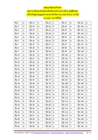 รวบรวมเผยแพรโดย ประพันธ เวารัมย http://pun2013.bth.cc http://pun9.bth.cc http://valrom2012.fix.gs หนา 41
เฉลยแนวข้อสอบด้านล่าง
เฉลย แนวข้อสอบเตรียมสอบท้องถิ่นและส่วนราชการอื่นๆ (ชุดสู้ไม่ถอย)
(เกี่ยวกับรัฐธรรมนูญแห่งราชอาณาจักรไทย พ.ศ. 2550 จํานวน 155 ข้อ)
โดยประพันธ์ เวารัมย์ ดังนี้ครับ
ข้อ 1 ค. ข้อ 31 ก. ข้อ 61 ง. ข้อ 91 ค. ข้อ 121 ค.
ข้อ 2 ข. ข้อ 32 ค. ข้อ 62 จ. ข้อ 92 ค. ข้อ 122 ข.
ข้อ 3 ง. ข้อ 33 ง. ข้อ 63 ค. ข้อ 93 ข. ข้อ 123 ก.
ข้อ 4 ข. ข้อ 34 ง. ข้อ 64 ก. ข้อ 94 ค. ข้อ 124 ก.
ข้อ 5 ข. ข้อ 35 จ. ข้อ 65 จ. ข้อ 95 ค. ข้อ 125 ง.
ข้อ 6 ข. ข้อ 36 ข. ข้อ 66 ข. ข้อ 96 ข. ข้อ 126 ค.
ข้อ 7 จ. ข้อ 37 ข. ข้อ 67 ง. ข้อ 97 ง. ข้อ 127 ข.
ข้อ 8 ง. ข้อ 38 ข. ข้อ 68 ง. ข้อ 98 ข. ข้อ 128 ก.
ข้อ 9 ง. ข้อ 39 ง. ข้อ 69 ง. ข้อ 99 ค. ข้อ 129 ง.
ข้อ 10 จ. ข้อ 40 ข. ข้อ 70 ก. ข้อ 100 ง. ข้อ 130 ง.
ข้อ 11 จ. ข้อ 41 ข. ข้อ 71 ง. ข้อ 101 ง. ข้อ 131 ข.
ข้อ 12 ก. ข้อ 42 ค. ข้อ 72 ข. ข้อ 102 ข. ข้อ 132 ก.
ข้อ 13 ข. ข้อ 43 ค. ข้อ 73 จ. ข้อ 103 จ. ข้อ 133 จ.
ข้อ 14 ค. ข้อ 44 ค. ข้อ 74 ค. ข้อ 104 ง. ข้อ 134 ค.
ข้อ 15 จ. ข้อ 45 ง. ข้อ 75 ก. ข้อ 105 ค. ข้อ 135 ค.
ข้อ 16 ข. ข้อ 46 ง. ข้อ 76 ก. ข้อ 106 ง. ข้อ 136 ง.
ข้อ 17 ข. ข้อ 47 ง. ข้อ 77 ง. ข้อ 107 ค. ข้อ 137 ง.
ข้อ 18 ง. ข้อ 48 ค. ข้อ 78 จ. ข้อ 108 จ. ข้อ 138 ค.
ข้อ 19 ข. ข้อ 49 ก. ข้อ 79 ค. ข้อ 109 ง. ข้อ 139 จ.
ข้อ 20 จ. ข้อ 50 ข. ข้อ 80 ค. ข้อ 110 ง. ข้อ 140 ค.
ข้อ 21 ค. ข้อ 51 ข. ข้อ 81 ข. ข้อ 111 ง. ข้อ 141 ง.
ข้อ 22 ค. ข้อ 52 ง. ข้อ 82 ค. ข้อ 112 ง. ข้อ 142 จ.
ข้อ 23 ค. ข้อ 53 ค. ข้อ 83 ง. ข้อ 113 ง. ข้อ 143 จ.
ข้อ 24 ค. ข้อ 54 ข. ข้อ 84 ค. ข้อ 114 ง. ข้อ 144 จ.
ข้อ 25 ค. ข้อ 55 ง. ข้อ 85 ข. ข้อ 115 ข. ข้อ 145 จ.
ข้อ 26 ง. ข้อ 56 ค. ข้อ 86 ข. ข้อ 116 ง. ข้อ 146 ค.
ข้อ 27 ค. ข้อ 57 ค. ข้อ 87 ข. ข้อ 117 ข. ข้อ 147 ค.
ข้อ 28 ง. ข้อ 58 ข. ข้อ 88 จ. ข้อ 118 ข. ข้อ 148 จ.
ข้อ 29 ข. ข้อ 59 ค. ข้อ 89 ค. ข้อ 119 ง. ข้อ 149 จ.
ข้อ 30 จ. ข้อ 60 ค. ข้อ 90 ง. ข้อ 120 ก. ข้อ 150 ค.
 