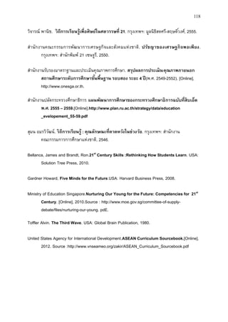 118
วิจารณ์ พานิช. วิถีกำรเรียนรู้เพื่อศิษย์ในศตวรรษที่ 21. กรุงเทพฯ: มูลนิธิสดศรี-สฤษดิ์วงศ์, 2555.
สานักงานคณะกรรมการพัฒนาการเศรษฐกิจและสังคมแห่งชาติ. ปรัชญำของเศรษฐกิจพอเพียง.
กรุงเทพฯ: สานักพิมพ์ 21 เซนจูรี, 2550.
สานักงานรับรองมาตราฐานและประเมินคุณภาพการศึกษา. สรุปผลกำรประเมินคุณภำพภำยนอก
สถำนศึกษำระดับกำรศึกษำขั้นพื้นฐำน รอบสอง ระยะ 4 ปี(พ.ศ. 2549-2552). [Online],
http://www.onesga.or.th.
สานักงานปลัดกระทรวงศึกษาธิการ. แผนพัฒนำกำรศึกษำของกระทรวงศึกษำธิกำรฉบับที่สิบเอ็ด
พ.ศ. 2555 – 2559.[Online],http://www.plan.ru.ac.th/strategy/data/education
_evelopement_55-59.pdf
สุมน อมรวิวัฒน์. วิถีกำรเรียนรู้ : คุณลักษณะที่คำดหวังในช่วงวัย. กรุงเทพฯ: สานักงาน
คณะกรรมการการศึกษาแห่งชาติ, 2546.
Bellanca, James and Brandt, Ron.21st
Century Skills :Rethinking How Students Learn. USA:
Solution Tree Press, 2010.
Gardner Howard, Five Minds for the Future.USA: Harvard Business Press, 2008.
Ministry of Education Singapore.Nurturing Our Young for the Future: Competencies for 21st
Century. [Online], 2010.Source : http://www.moe.gov.sg/committee-of-supply-
debate/files/nurturing-our-young. pdE.
Toffler Alvin. The Third Wave. USA: Global Brain Publication, 1980.
United States Agency for International Development.ASEAN Curriculum Sourcebook.[Online],
2012. Source :http://www.vnseameo.org/zakir/ASEAN_Curriculum_Sourcebook.pdf
 