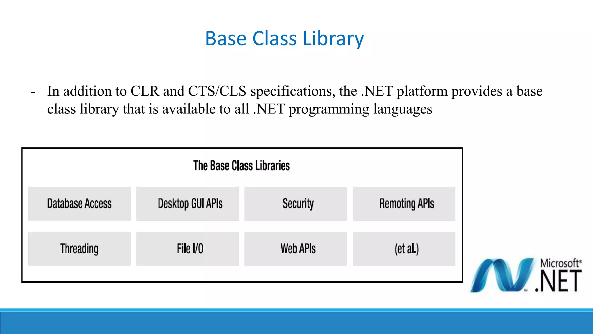 - In addition to CLR and CTS/CLS specifications, the .NET platform provides a base
class library that is available to all .NET programming languages
Base Class Library
 