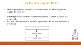 - After the programmer have written the source code, he’ll use the javac to
compile the (.java file)
- Then the javac will create an intermediate code that is known as (.class file)
or byte code.
- This byte code can run over any JVM regardless of the machine architecture
or platform.
How the Java Program Runs ?
 