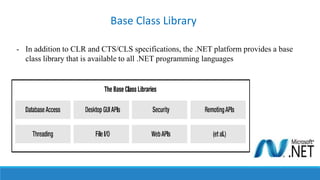 - In addition to CLR and CTS/CLS specifications, the .NET platform provides a base
class library that is available to all .NET programming languages
Base Class Library
 