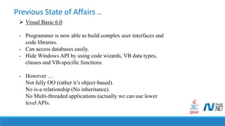 Previous State of Affairs ..
 Visual Basic 6.0
- Programmer is now able to build complex user interfaces and
code libraries.
- Can access databases easily.
- Hide Windows API by using code wizards, VB data types,
classes and VB-specific functions.
- However …
Not fully OO (rather it’s object-based).
No is-a relationship (No inheritance).
No Multi-threaded applications (actually we can use lower
level APIs.
 