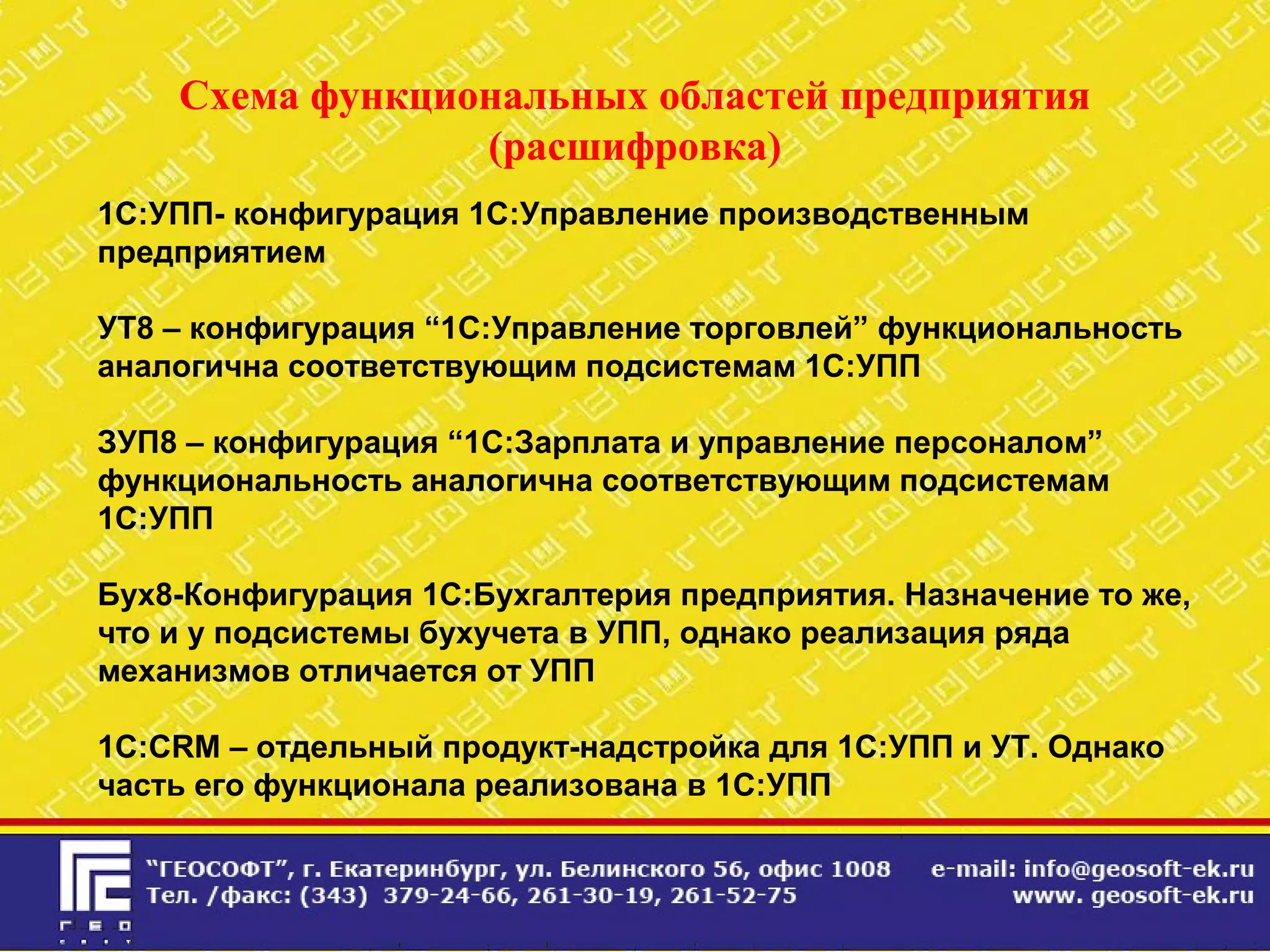 Схема функциональных областей предприятия
(расшифровка)
1С:УПП- конфигурация 1С:Управление производственным
предприятием
УТ8 – конфигурация “1С:Управление торговлей” функциональность
аналогична соответствующим подсистемам 1С:УПП
ЗУП8 – конфигурация “1С:Зарплата и управление персоналом”
функциональность аналогична соответствующим подсистемам
1С:УПП
Бух8-Конфигурация 1С:Бухгалтерия предприятия. Назначение то же,
что и у подсистемы бухучета в УПП, однако реализация ряда
механизмов отличается от УПП
1С:CRM – отдельный продукт-надстройка для 1С:УПП и УТ. Однако
часть его функционала реализована в 1С:УПП
 