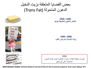 ‫بعض‬‫النخيل‬ ‫بزيت‬ ‫المتعلقة‬ ‫القضايا‬
‫المتحولة‬ ‫الدهون‬(Trans Fat)
1950—1990
‫جزئيا‬ ‫المشبعة‬ ‫الدهون‬ ‫انتشار‬
199...