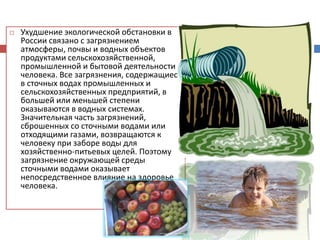  Ухудшение экологической обстановки в
России связано с загрязнением
атмосферы, почвы и водных объектов
продуктами сельскохозяйственной,
промышленной и бытовой деятельности
человека. Все загрязнения, содержащиеся
в сточных водах промышленных и
сельскохозяйственных предприятий, в
большей или меньшей степени
оказываются в водных системах.
Значительная часть загрязнений,
сброшенных со сточными водами или
отходящими газами, возвращаются к
человеку при заборе воды для
хозяйственно-питьевых целей. Поэтому
загрязнение окружающей среды
сточными водами оказывает
непосредственное влияние на здоровье
человека.
 