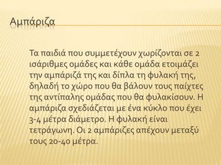 Αμπϊριζα
Σα παιδιϊ που ςυμμετϋχουν χωρύζονται ςε 2
ιςϊριθμεσ ομϊδεσ και κϊθε ομϊδα ετοιμϊζει
την αμπϊριζϊ τησ και δύπλα τη φυλακό τησ,
δηλαδό το χώρο που θα βϊλουν τουσ παύχτεσ
τησ αντύπαλησ ομϊδασ που θα φυλακύςουν. Η
αμπϊριζα ςχεδιϊζεται με ϋνα κϑκλο που ϋχει
3-4 μϋτρα διϊμετρο. Η φυλακό εύναι
τετρϊγωνη.Οι 2 αμπϊριζεσ απϋχουν μεταξϑ
τουσ 20-40 μϋτρα.
 