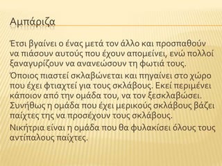 Αμπϊριζα
Έτςι βγαύνει ο ϋνασ μετϊ τον ϊλλο και προςπαθοϑν
να πιϊςουν αυτοϑσ που ϋχουν απομεύνει, ενώ πολλού
ξαναγυρύζουν να ανανεώςουν τη φωτιϊ τουσ.
Όποιοσ πιαςτεύ ςκλαβώνεται και πηγαύνει ςτο χώρο
που ϋχει φτιαχτεύ για τουσ ςκλϊβουσ. Εκεύ περιμϋνει
κϊποιον απϐ την ομϊδα του, να τον ξεςκλαβώςει.
΢υνόθωσ η ομϊδα που ϋχει μερικοϑσ ςκλϊβουσ βϊζει
παύχτεσ τησ να προςϋχουν τουσ ςκλϊβουσ.
Νικότρια εύναι η ομϊδα που θα φυλακύςει ϐλουσ τουσ
αντύπαλουσ παύχτεσ.
 