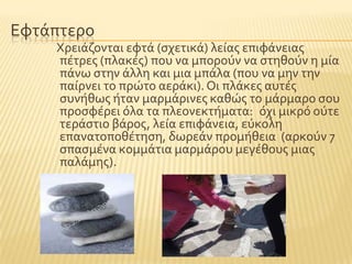 Εφτϊπτερο
Φρειϊζονται εφτϊ (ςχετικϊ) λεύασ επιφϊνειασ
πϋτρεσ (πλακϋσ) που να μποροϑν να ςτηθοϑν η μύα
πϊνω ςτην ϊλλη και μια μπϊλα (που να μην την
παύρνει το πρώτο αερϊκι). Οι πλϊκεσ αυτϋσ
ςυνόθωσ όταν μαρμϊρινεσ καθώσ το μϊρμαρο ςου
προςφϋρει ϐλα τα πλεονεκτόματα: ϐχι μικρϐ οϑτε
τερϊςτιο βϊροσ, λεύα επιφϊνεια, εϑκολη
επανατοποθϋτηςη, δωρεϊν προμόθεια (αρκοϑν 7
ςπαςμϋνα κομμϊτια μαρμϊρου μεγϋθουσ μιασ
παλϊμησ).
 