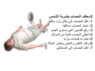 •‫الكبٌر‬ ‫للطفل‬ ‫بالنسبة‬
•‫مناورة‬ ‫عمل‬ ‫ٌتم‬‫هٌملٌش‬
•‫أقل‬ ‫بقوة‬ ‫الطرٌقة‬ ‫بنفس‬
•‫الطفل‬ ‫ٌرتفع‬ ‫ال‬ ‫بحٌث‬
‫األرض‬ ‫عن‬
•‫للحامل‬ ‫وبالنسبة‬
•‫طرٌقة‬ ‫نفس‬‫هٌملٌش‬‫ولكن‬
•‫صدرها‬ ‫على‬ ‫بالضغط‬
•‫وحدك‬ ‫كنت‬ ‫إذا‬
•‫الكحة‬ ً‫ف‬ ‫استمر‬
•‫الشًء‬ ‫ٌخرج‬ ‫لم‬ ‫وإذا‬
•‫بعضهما‬ ‫مع‬ ‫ٌدٌك‬ ‫ضم‬
•‫البطن‬ ‫أعلى‬ ‫وضعهما‬
•ً‫بكرس‬ ‫واستعٌن‬
•‫ألعلى‬ ‫أسفل‬ ‫من‬ ‫للضغط‬
•‫الرضٌع‬ ‫للطفل‬ ‫وبالنسبة‬
•‫واحدة‬ ‫ٌد‬ ‫على‬ ‫الطفل‬ ‫احمل‬
‫والصدر‬ ‫الرقبة‬ ‫بٌن‬ ‫الكف‬ ‫بوضع‬
‫ألعلى‬ ‫ظهره‬ ‫واجعل‬
•‫بهزه‬ ‫وقم‬ ‫األسفل‬ ‫إلى‬ ‫وأمله‬
•‫الكتفٌن‬ ‫بٌن‬ ‫ظهره‬ ‫على‬ ‫اضرب‬(5)‫مرات‬
•‫لتسنده‬ ‫األخرى‬ ‫الٌد‬ ‫على‬ ‫اقلبه‬ ‫وبعدها‬‫بها‬
‫وإعطاءه‬(5)‫صدرٌه‬ ‫ضغطات‬
•‫فمه‬ ً‫ف‬ ‫ابحث‬ ‫ثم‬
‫غرٌب‬ ‫جسم‬ ‫أي‬ ‫عن‬
‫التنفس‬ ‫مجرى‬ ‫ٌسد‬
‫إخراجه‬ ‫حاول‬ ‫وجدته‬ ‫وإذا‬
•‫ٌتنفس‬ ‫ال‬ ‫الزال‬ ‫وإذا‬
ً‫صناع‬ ‫تنفس‬ ‫بعمل‬ ‫ابدأ‬
‫األمر‬ ‫لزم‬ ‫إذا‬ ً‫قلب‬ ‫وإنعاش‬
‫الؽصة‬ ‫تابع‬(‫االختناق‬)
 