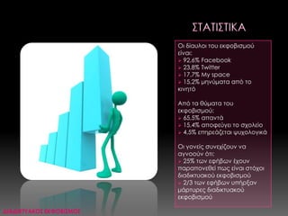 Οι δίαυλοι του εκφοβισμού
είναι:
 92,6% Facebook
 23,8% Twitter
 17,7% My space
 15,2% μηνύματα από το
κινητό
Από τα θύματα του
εκφοβισμού:
 65,5% απαντά
 15,4% αποφεύγει το σχολείο
 4,5% επηρεάζεται ψυχολογικά
Οι γονείς συνεχίζουν να
αγνοούν ότι:
 25% των εφήβων έχουν
παραπονεθεί πως είναι στόχοι
διαδικτυακού εκφοβισμού
 2/3 των εφήβων υπήρξαν
μάρτυρες διαδικτυακού
εκφοβισμού
ΔΙΑΔΙΚΣΤΑΚΟ΢ ΕΚΥΟΒΙ΢ΜΟ΢
 