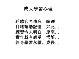 成人學習心理
聆聽容易遺忘，瞌睡…
目睹幫助記憶，如此…
練習令人明白，原來…
實作就有感受，悟解…
終身學習永續。成長…
 
