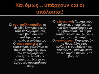 Οι συν- παλληκαράδες: οι
βοηθοί, δεν προκαλούν
τους παλληκαρισμούς
αλλά βοηθούν τον
παλληκαρά να
ταπεινώσει το θύμα του.
Οι υποστηρικτές: το
ακροατήριο, γελούν με το
θύμα και παροτρύνουν
τον παλληκαρά να
συνεχίσει. Νιώθουν
ευχαριστημένοι με το
άγχος του συνομηλίκου
τους.
Οι εξωτερικοί: Παραμένουν
αδρανείς, υποκρίνονται
πως δεν παρατήρησαν να
συμβαίνει κάτι.Το θύμα
εισπράττει ότι συμφωνούν
με τον παλληκαρά.
Οι αμυνόμενοι: Παρηγορούν
το θύμα, λένε στον
ενήλικα τι συμβαίνει ή και
επιτίθενται, σπάνια, στον
παλληκαρά. Σπεύδουν σε
βοήθεια.
 