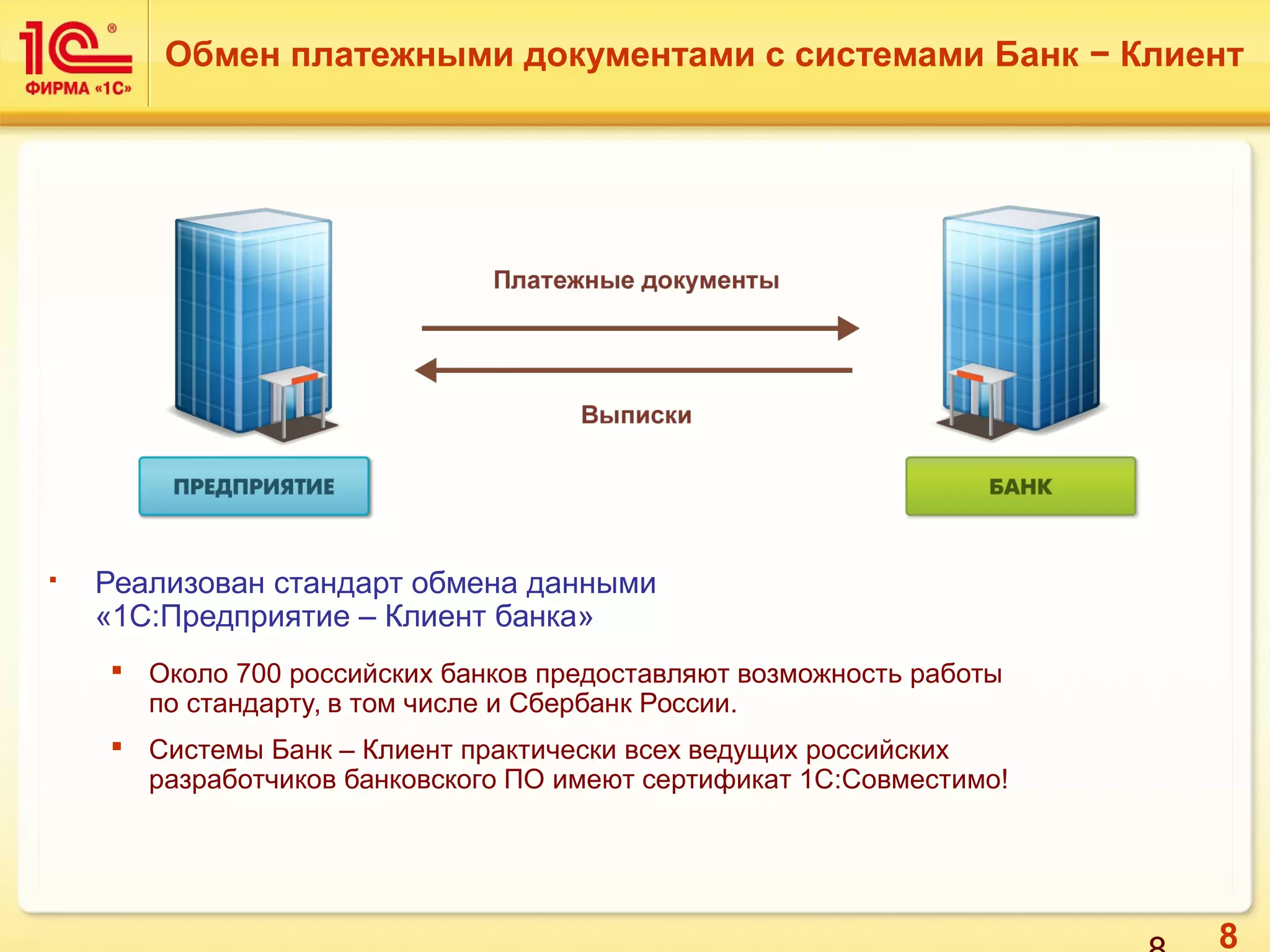 8
 Реализован стандарт обмена данными
«1С:Предприятие – Клиент банка»
 Около 700 российских банков предоставляют возможность работы
по стандарту, в том числе и Сбербанк России.
 Системы Банк – Клиент практически всех ведущих российских
разработчиков банковского ПО имеют сертификат 1С:Совместимо!
Обмен платежными документами с системами Банк − Клиент
 