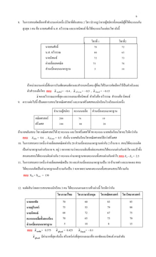 6
8. ในการสอบคัดเลือกเข้าทางานแห่งหนึ่ง มีวิชาที่ต้องสอบ 2 วิชา ปรากฏว่าจากผู้สมัครทั้งหมดมีผู้ที่ได้คะแนนกัน
สูงสุด 3 คน คือ นายสมศักดิ์ น.ส. ฉวีวรรณ และนายนิพนธ์ ซึ่งได้คะแนนในแต่ละวิชา ดังนี้
วิชาที่ 1 วิชาที่2
นายสมศักดิ์ 70 72
น.ส. ฉวีวรรณ 80 65
นายนิพนธ์ 72 73
ค่าเฉลี่ยเลขคณิต 75 70
ส่วนเบี่ยงเบนมาตรฐาน 5 10
ถ้าหน่วยงานแห่งนี้ต้องการรับเพียงคนเดียวและสารองหนึ่งคน ผู้ที่จะได้รับการคัดเลือกไว้เป็นตัวจริงและ
ตัวสารองคือใคร ตอบ Z สมศักดิ์ = - 0.4 , Z ฉวีวรรณ = - 0.5 , Z นิพนธ์ = - 0.15
Z ของฉวีวรรณมากที่สุด และรองลงมาคือนิพนธ์ ตัวจริงคือ ฉวีวรรณ สารองคือ นิพนธ์
9. ตารางต่อไปนี้ เป็นผลการสอบวิชาคณิตศาสตร์ และภาษาฝรั่งเศสของนักเรียนโรงเรียนแห่งหนึ่ง
จานวนผู้สมัคร คะแนนเฉลี่ย ส่วนเบี่ยงเบนมาตรฐาน
คณิตศาสตร์
ฝรั่งเศส
200
100
76
80
10
20
ถ้านายขยันสอบ วิชา คณิตศาสตร์ได้ 82 คะแนน และวิชาฝรั่งเศสได้ 90 คะแนน นายขยันเรียนวิชาอะไรดีกว่ากัน
ตอบ Zคณิต = 0.6 , Zฝรั่งเศส = 0.5 ดังนั้น นายขยันเรียนวิชาคณิตศาสตร์ดีกว่าฝรั่งเศส
10. ในการสอบคราวหนึ่ง ค่าเฉลี่ยเลขคณิตเท่ากับ 20 ส่วนเบี่ยงเบนมาตรฐานเท่ากับ 2 ถ้านาย ก. สอบได้คะแนนคิด
เป็นค่ามาตรฐานต่างกับนาย ข. อยู่ 1 อยากทราบว่าคะแนนดิบที่แต่ละคนสอบได้คะแนนต่างกันเท่าใด และถ้าทั้ง
สองคนสอบได้คะแนนดิบต่างกัน 5 คะแนน ค่ามาตรฐานของคะแนนทั้งสองต่างกันเท่าไร ตอบ Zก – Zข = 2.5
11. ในการสอบคราวหนึ่ง ค่าเฉลี่ยเลขคณิตเป็น 50 และส่วนเบี่ยงเบนมาตรฐานเป็น 10 ถ้านายดา และนายแดง สอบ
ได้คะแนนคิดเป็นค่ามาตรฐานแล้วรวมกันเป็น 3 จงหาผลรวมของคะแนนทั้งสองคนสอบได้รวมกัน
ตอบ Xดา + Xแดง = 130
12. จงตัดสินว่าผลการสอบของนักเรียน 3 คน ได้คะแนนตามตารางข้างล่างนี้ ใครดีกว่ากัน
วิชาภาษาไทย วิชาภาษาอังกฤษ วิชาคณิตศาสตร์ วิชาวิทยาศาสตร์
นายเอกชัย
นายสุรินทร์
นายนิพนธ์
คะแนนเฉลี่ยทั้งสองห้อง
ส่วนเบี่ยงเบนมาตรฐาน
70
75
68
70
5
60
55
72
65
10
83
79
67
75
8
85
88
75
70
15
ตอบ เอกชัยZ = 0.375 สุรินทร์
Z = 0.425 นิพนธ์
Z = - 0.1
สุรินทร์
Z มีค่ามากที่สุด ดังนั้น สรินทร์เก่งที่สุดรองลงมาคือ เอกชัยและนิพนธ์ ตามลาดับ
 