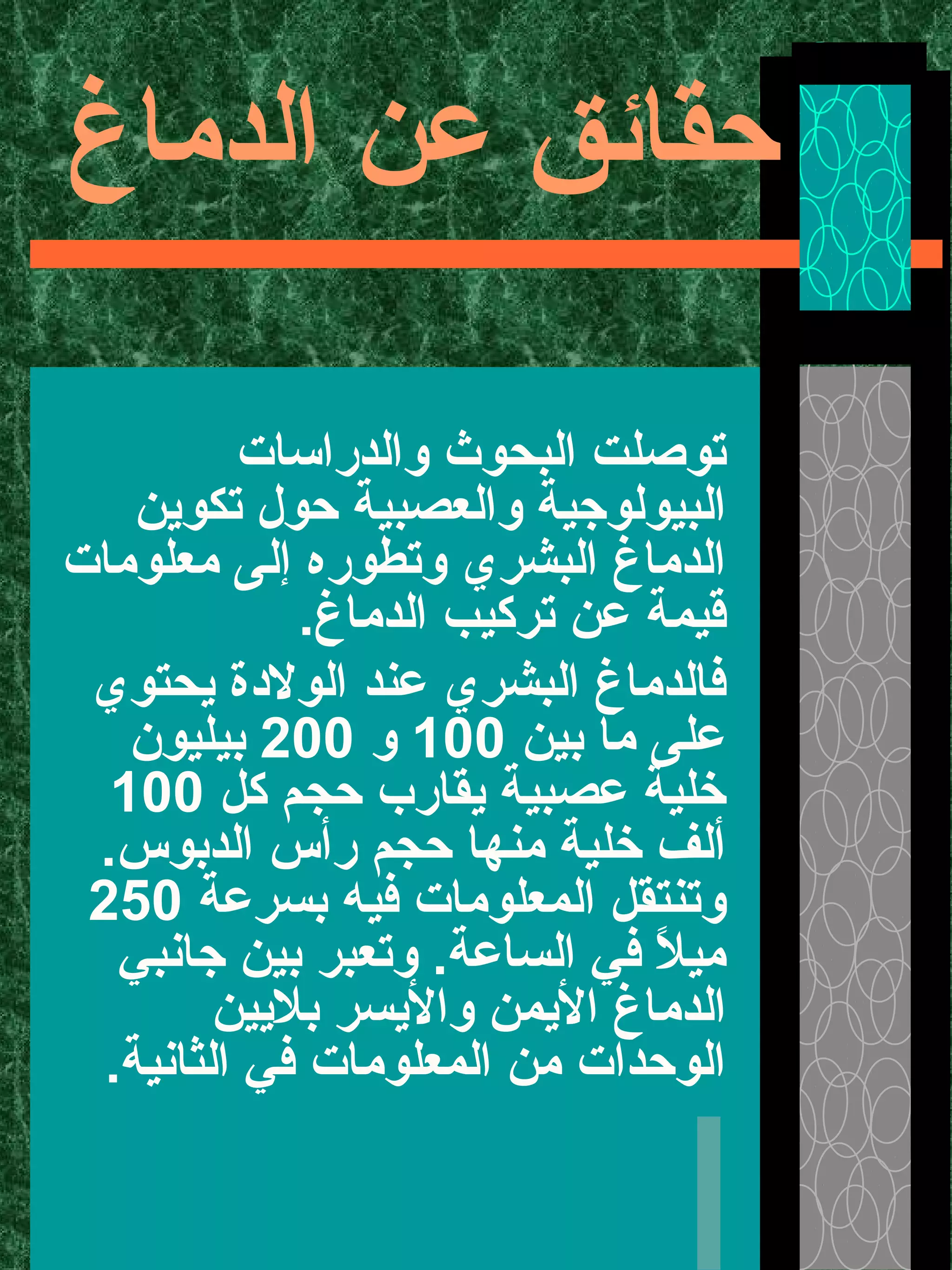 ‫الدماغ‬ ‫عن‬ ‫حقائق‬
‫والدراسات‬ ‫البحوث‬ ‫توصلت‬
‫تكوين‬ ‫حول‬ ‫والعصبية‬ ‫البيولوجية‬
‫معلومات‬ ‫إلى‬ ‫وتطوره‬ ‫البشري‬ ‫الدماغ‬
.‫الدماغ‬ ‫تركيب‬ ‫عن‬ ‫قيمة‬
‫يحتوي‬ ‫الولدة‬ ‫عند‬ ‫البشري‬ ‫فالدماغ‬
‫بين‬ ‫ما‬ ‫على‬100‫و‬200‫بيليون‬
‫كل‬ ‫حجم‬ ‫يقارب‬ ‫عصبية‬ ‫خلية‬100
.‫الدبوس‬ ‫رأس‬ ‫حجم‬ ‫منها‬ ‫خلية‬ ‫ألف‬
‫بسرعة‬ ‫فيه‬ ‫المعلومات‬ ‫وتنتقل‬250
‫جانبي‬ ‫بين‬ ‫وتعبر‬ .‫الساعة‬ ‫في‬ ‫ل‬ً  ‫مي‬
‫بليين‬ ‫واليسر‬ ‫اليمن‬ ‫الدماغ‬
.‫الثانية‬ ‫في‬ ‫المعلومات‬ ‫من‬ ‫الوحدات‬
 