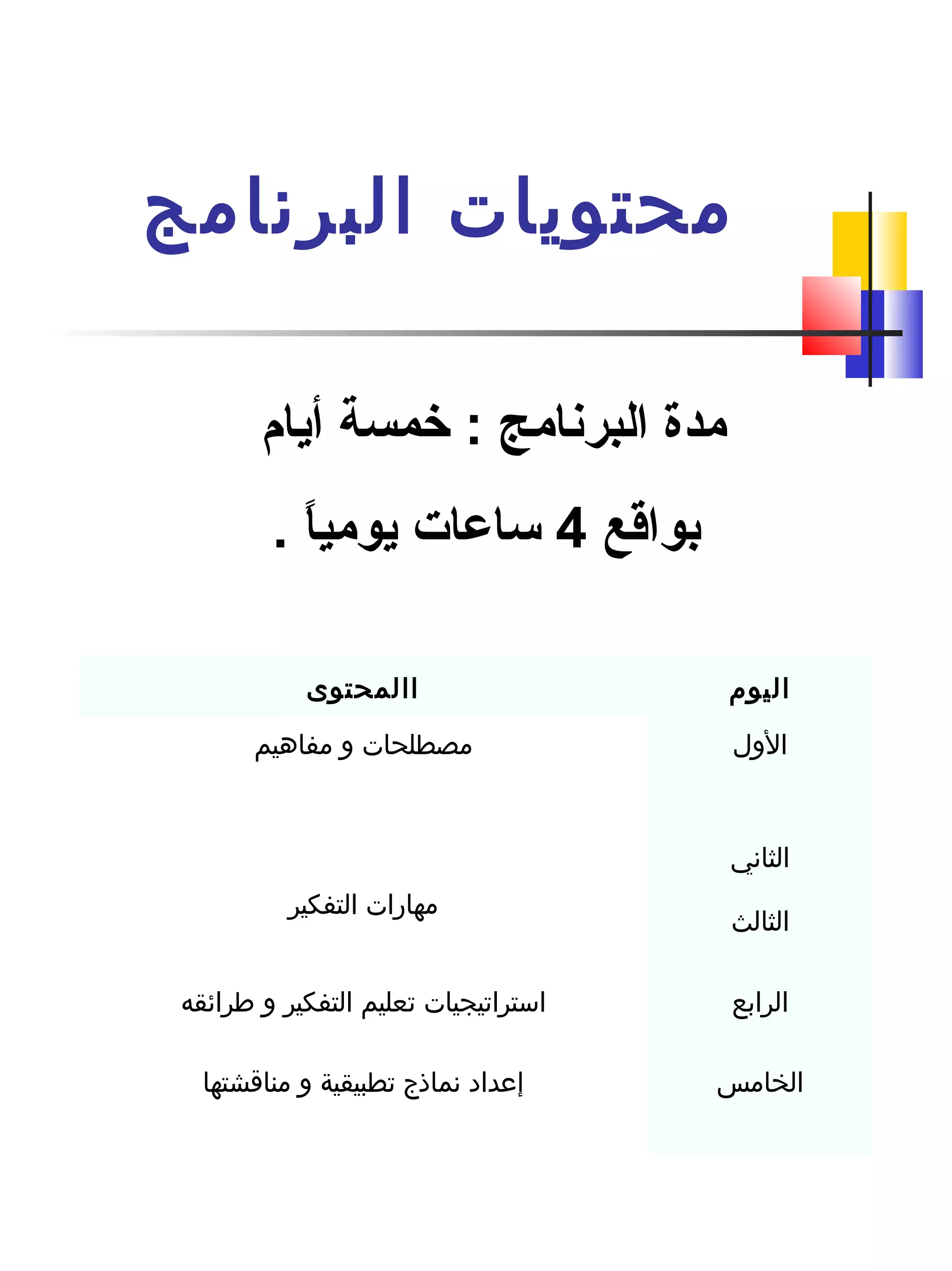 ‫البرنامج‬ ‫محتويات‬
‫االمحتوى‬ ‫اليو م‬
‫مفاهيم‬ ‫و‬ ‫مصطلحات‬ ‫الول‬
‫التفكير‬ ‫مهارات‬
‫الثاني‬
‫الثالث‬
‫طرائقه‬ ‫و‬ ‫التفكير‬ ‫تعليم‬ ‫استراتيجيات‬ ‫الرابع‬
‫مناقشتها‬ ‫و‬ ‫تطبيقية‬ ‫نماذج‬ ‫إعداد‬ ‫الخامس‬
‫أيام‬ ‫خمسة‬ : ‫البرنامج‬ ‫مدة‬
‫بواقع‬4. ‫ا‬ً ‫يومي‬ ‫ساعات‬
 