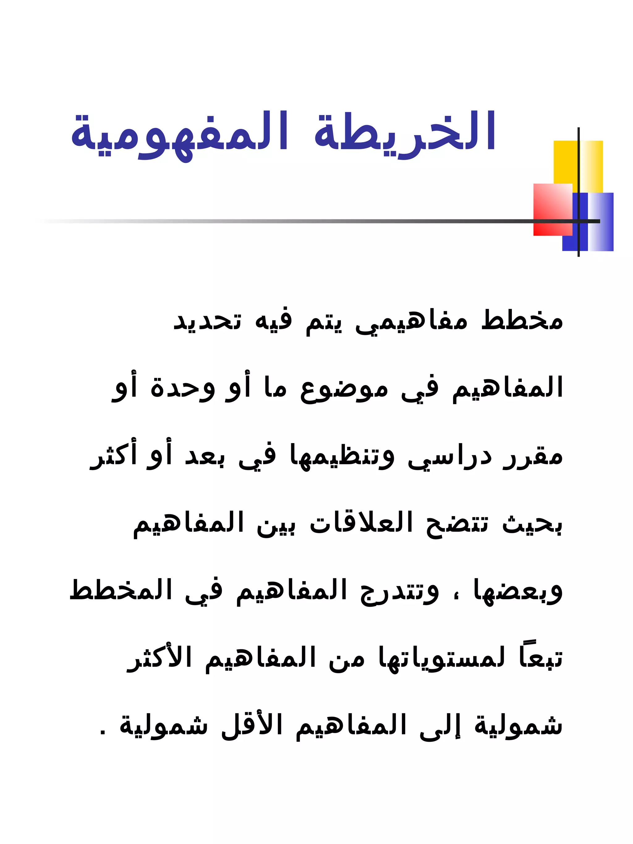 ‫المفهومية‬ ‫الخريطة‬
‫تحديد‬ ‫فيه‬ ‫يتم‬ ‫مفاهيمي‬ ‫مخطط‬
‫أو‬ ‫وحدة‬ ‫أو‬ ‫ما‬ ‫موضوع‬ ‫في‬ ‫المفاهيم‬
‫أكثر‬ ‫أو‬ ‫بعد‬ ‫في‬ ‫وتنظيمها‬ ‫دراسي‬ ‫مقرر‬
‫المفاهيم‬ ‫بين‬ ‫العلقات‬ ‫تتضح‬ ‫بحيث‬
‫المخطط‬ ‫في‬ ‫المفاهيم‬ ‫وتتدرج‬ ، ‫وبعضها‬
‫الكثر‬ ‫المفاهيم‬ ‫من‬ ‫لمستوياتها‬ ‫تبعا‬
. ‫شمولية‬ ‫القل‬ ‫المفاهيم‬ ‫إلى‬ ‫شمولية‬
 