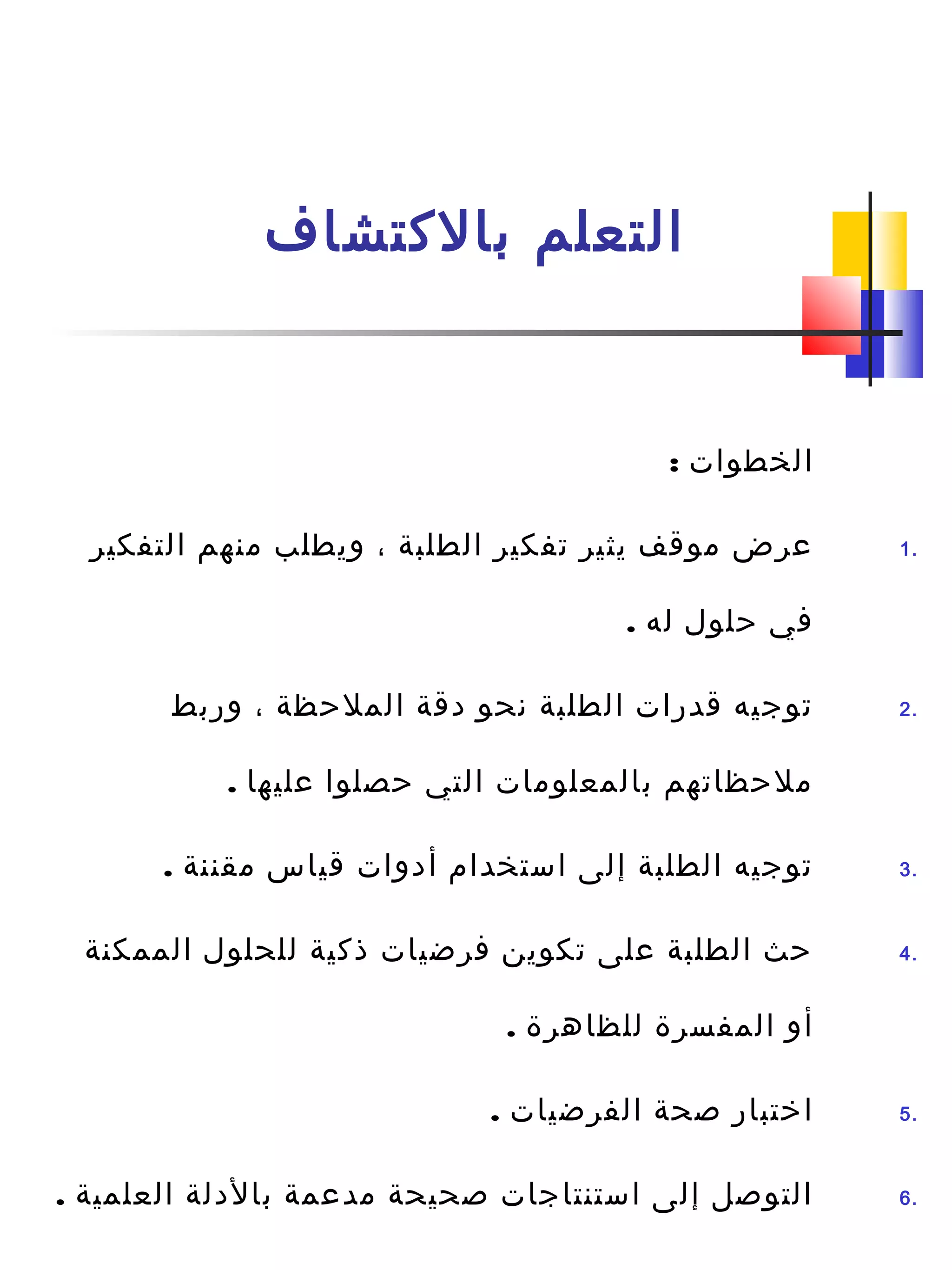 ‫بالكتشاف‬ ‫التعلم‬
: ‫الخطوات‬
1.‫التفكير‬ ‫منهم‬ ‫ويطلب‬ ، ‫الطلبة‬ ‫تفكير‬ ‫يثير‬ ‫موقف‬ ‫عرض‬
. ‫له‬ ‫حلول‬ ‫في‬
2.‫وربط‬ ، ‫الملحظة‬ ‫دقة‬ ‫نحو‬ ‫الطلبة‬ ‫قدرات‬ ‫توجيه‬
. ‫عليها‬ ‫حصلوا‬ ‫التي‬ ‫بالمعلومات‬ ‫ملحظاتهم‬
3.. ‫مقننة‬ ‫قياس‬ ‫أدوات‬ ‫استخدام‬ ‫إلى‬ ‫الطلبة‬ ‫توجيه‬
4.‫الممكنة‬ ‫للحلول‬ ‫ذكية‬ ‫فرضيات‬ ‫تكوين‬ ‫على‬ ‫الطلبة‬ ‫حث‬
. ‫للظاهرة‬ ‫المفسرة‬ ‫أو‬
5.. ‫الفرضيات‬ ‫صحة‬ ‫اختبار‬
6.. ‫العلمية‬ ‫بالدلة‬ ‫مدعمة‬ ‫صحيحة‬ ‫استنتاجات‬ ‫إلى‬ ‫التوصل‬
 