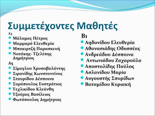 Συμμετέχοντες Μαθητές
Α3
Μάλαμας Πέτρος
Μαρμαρά Ελευθερία
Μπακιρτζή Παρασκευή
Νοτάκης- Τζελέπης
Δημήτριος
Α5
Σίμογλου Χρυσοβαλάντης
Σιρανίδης Κωνσταντίνος
Σταυρίδου Δέσποινα
Συρόπουλος Ευστράτιος
Τεχλικίδου Κλεάνθη
Τζούρας Βασίλειος
Φωτόπουλος Δημήτριος
Β1
Αηδονίδου Ελευθερία
Αθανασιάδης Οδυσσέας
Ανδρεάδου Δέσποινα
 Αντωνιάδου Ζαχαρούλα
Αποστολίδης Παύλος
Ασλανίδου Μαρία
Αυγουστής Σπυρίδων
Βαταμίδου Κυριακή
 