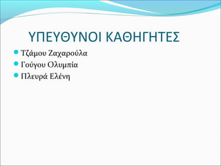 ΥΠΕΥΘΥΝΟΙ ΚΑΘΗΓΗΤΕΣ
Τζάμου Ζαχαρούλα
Γούγου Ολυμπία
Πλευρά Ελένη
 