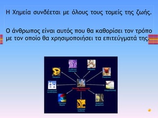 Η Χημεία συνδέεται με όλους τους τομείς της ζωής.
O άνθρωπος είναι αυτός που θα καθορίσει τον τρόπο
με τον οποίο θα χρησιμοποιήσει τα επιτεύγματά της.
 
