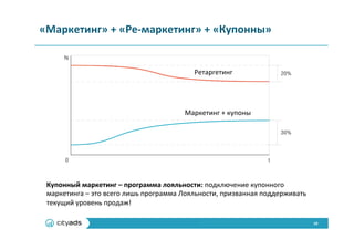 10	
  
«Маркетинг»	
  +	
  «Ре-­‐маркетинг»	
  +	
  «Купонны»	
  
Купонный	
  маркетинг	
  –	
  программа	
  лояльности:	
  подключение	
  купонного	
  
маркетинга	
  –	
  это	
  всего	
  лишь	
  программа	
  Лояльности,	
  призванная	
  поддерживать	
  
текущий	
  уровень	
  продаж!	
  
Маркетинг	
  +	
  купоны	
  
Ретаргетинг	
  
 