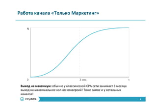 8	
  
Работа	
  канала	
  «Только	
  Маркетинг»	
  
Выход	
  на	
  максимум:	
  обычно	
  у	
  классической	
  CPA	
  сети	
  занимает	
  3	
  месяца	
  
выход	
  на	
  максимальное	
  кол-­‐во	
  конверсий!	
  Тоже	
  самое	
  и	
  у	
  остальных	
  
каналов!	
  
 