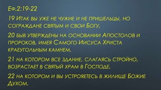 ЕФ.2:19-22
19 ИТАК ВЫ УЖЕ НЕ ЧУЖИЕ И НЕ ПРИШЕЛЬЦЫ, НО
СОГРАЖДАНЕ СВЯТЫМ И СВОИ БОГУ,
20 БЫВ УТВЕРЖДЕНЫ НА ОСНОВАНИИ АПОСТОЛОВ И
ПРОРОКОВ, ИМЕЯ САМОГО ИИСУСА ХРИСТА
КРАЕУГОЛЬНЫМ КАМНЕМ,
21 НА КОТОРОМ ВСЕ ЗДАНИЕ, СЛАГАЯСЬ СТРОЙНО,
ВОЗРАСТАЕТ В СВЯТЫЙ ХРАМ В ГОСПОДЕ,
22 НА КОТОРОМ И ВЫ УСТРОЯЕТЕСЬ В ЖИЛИЩЕ БОЖИЕ
ДУХОМ.
 