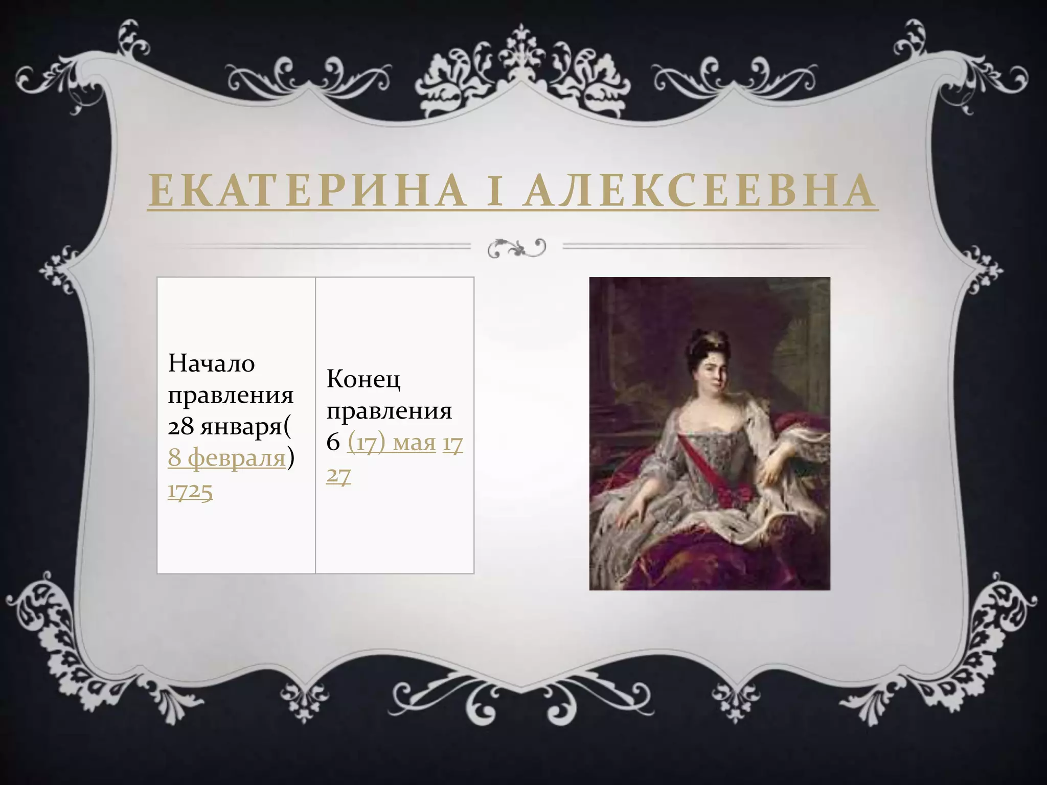 ЕКАТЕРИНА I АЛЕКСЕЕВНА
Начало
правления
28 января(
8 февраля)
1725
Конец
правления
6 (17) мая 17
27
 