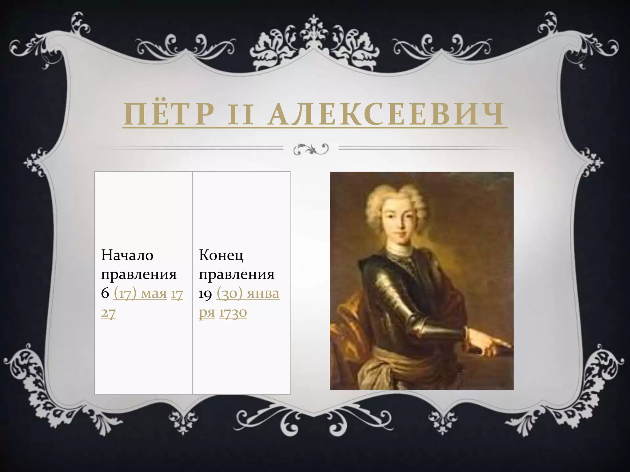 ПЁТР II АЛЕКСЕЕВИЧ
Начало
правления
6 (17) мая 17
27
Конец
правления
19 (30) янва
ря 1730
 