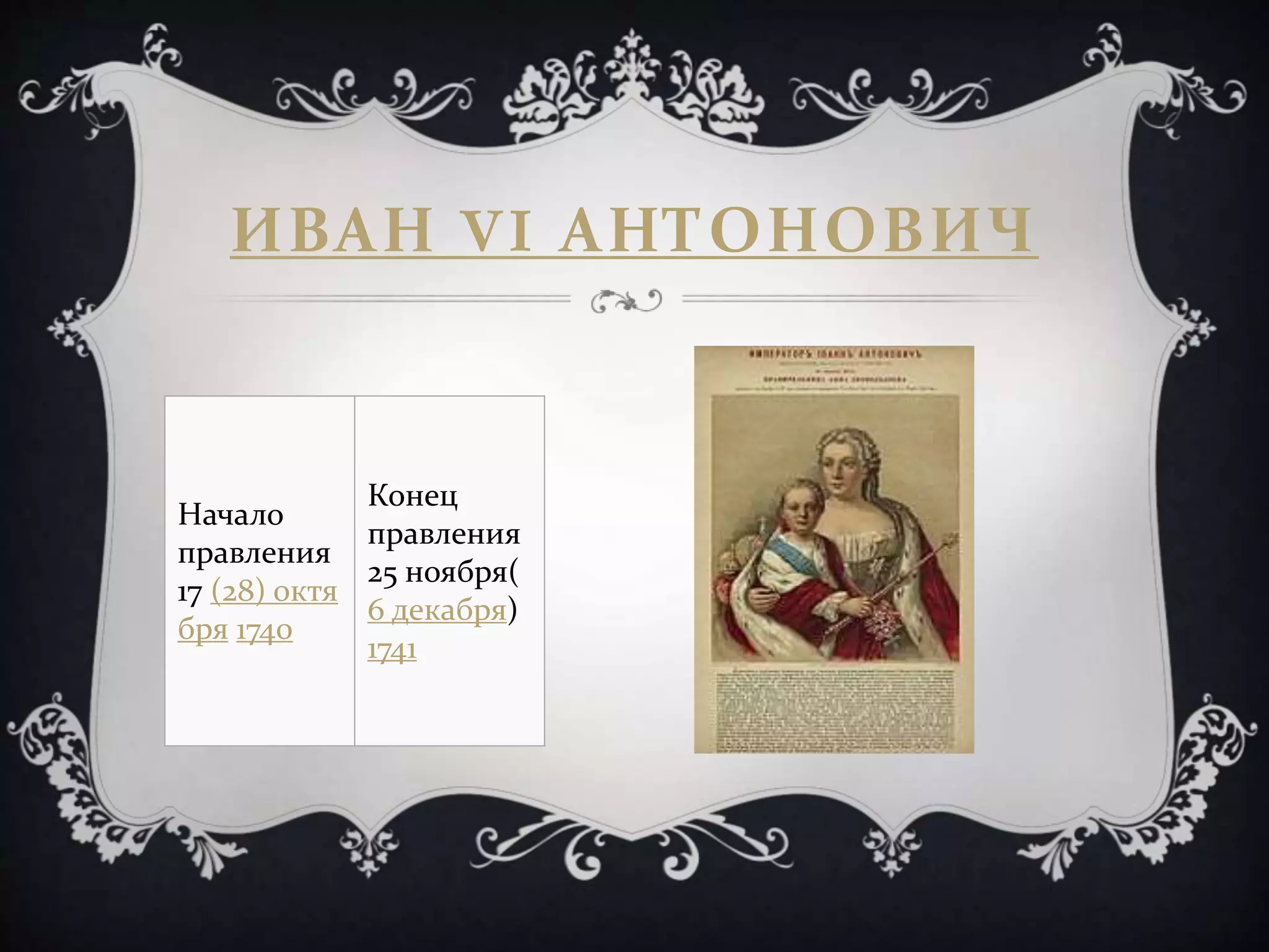 ИВАН VI АНТОНОВИЧ
Начало
правления
17 (28) октя
бря 1740
Конец
правления
25 ноября(
6 декабря)
1741
 