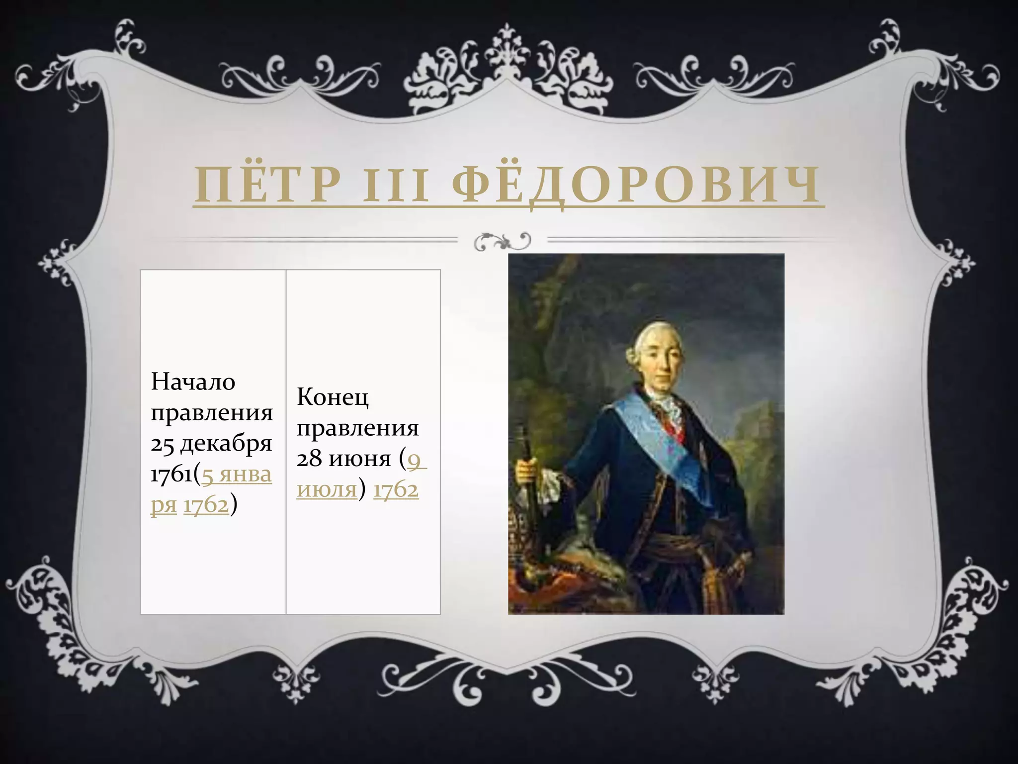 ПЁТР III ФЁДОРОВИЧ
Начало
правления
25 декабря
1761(5 янва
ря 1762)
Конец
правления
28 июня (9
июля) 1762
 