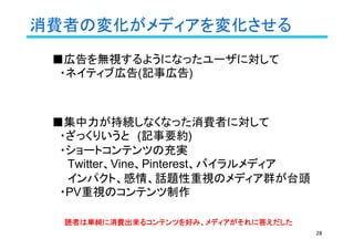 消費者の変化がメディアを変化させる
28
■広告を無視するようになったユーザに対して
　・ネイティブ広告(記事広告)
■集中力が持続しなくなった消費者に対して
　・ざっくりいうと　(記事要約)
　・ショートコンテンツの充実
　　Twitter、Vine、Pinterest、バイラルメディア
　　インパクト、感情、話題性重視のメディア群が台頭
　・PV重視のコンテンツ制作
読者は単純に消費出来るコンテンツを好み、メディアがそれに答えだした
 