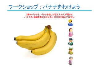 ワークショップ : バナナをわけよう
3333房のバナナと、バナナを欲しがる五人の人が居ます
バナナの「価値を最大化させる」、分け方を考えてください
 