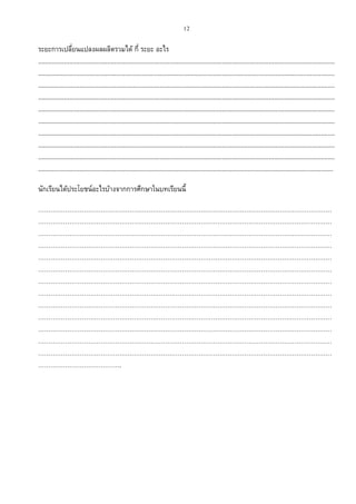 12
ระยะการเปลี่ยนแปลงผลผลิตรวมได้ กี่ ระยะ อะไร
...........................................................................................................................................................................
...........................................................................................................................................................................
...........................................................................................................................................................................
...........................................................................................................................................................................
...........................................................................................................................................................................
...........................................................................................................................................................................
...........................................................................................................................................................................
...........................................................................................................................................................................
...........................................................................................................................................................................
..........................................................................................................................................................................
นักเรียนได้ประโยชน์อะไรบ้างจากการศึกษาในบทเรียนนี้
……………………………………………………………………………………………………………………………
……………………………………………………………………………………………………………………………
……………………………………………………………………………………………………………………………
……………………………………………………………………………………………………………………………
……………………………………………………………………………………………………………………………
……………………………………………………………………………………………………………………………
……………………………………………………………………………………………………………………………
……………………………………………………………………………………………………………………………
……………………………………………………………………………………………………………………………
……………………………………………………………………………………………………………………………
……………………………………………………………………………………………………………………………
……………………………………………………………………………………………………………………………
……………………………………………………………………………………………………………………………
………………………………….
 