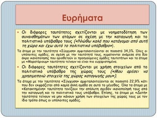  Οη δηάθμνεξ ηαοηόηεηεξ ζπεηίδμκηαη με κμεμαημδόηεζε ηςκ
ζοκαηζζεμάηςκ ηςκ αηόμςκ ζε ζπέζε με ηεκ θαηαγςγή θαη ημ
πμιηηηζηηθό οπόβαζνμ ημοξ («Νηώζς θαιά πμο θαηάγμμαη από αοηή
ηε πώνα θαη έπς αοηό ημ πμιηηηζηηθό οπόβαζνμ»).
Τα άημμα με ηεκ ηαοηόηεηα «Σύγποζε» αμθηηαιακηεύμκηαη ζε πμζμζηό 34,3%. Όιεξ μη
οπόιμηπεξ μμάδεξ, ζε ζπέζε με ηεκ ηαοηόηεηά ημοξ, θομαίκμκηαη ακάμεζα ζηα δύμ
άθνα ηθακμπμίεζεξ πμο μνημζεημύκ μη πνμεγμύμεκεξ μμάδεξ ηαοημηήηςκ θαη ηα άημμα
με «Μμναηόνημομ» ηαοηόηεηα ηείκμοκ κα είκαη πημ εοπανηζηεμέκα.
 Οη δηάθμνεξ ηαοηόηεηεξ ζπεηίδμκηαη με πνήζε ζημηπείςκ από ημ
πμιηηηζηηθό οπόβαζνμ ηεξ πώναξ ημοξ («Μμο ανέζεη κα
πνεζημμπμηώ ζημηπεία ηεξ πώναξ θαηαγςγήξ μμο»).
Τα άημμα με ηεκ ηαοηόηεηα «Σύγποζε» αμθηηαιακηεύμκηαη ζε πμζμζηό 22,9% θάηη
πμο δεκ εθθνάδεηαη από θαμία άιιε μμάδα ζε αοηό ημ μέγεζμξ. Όια ηα άημμα με
«Καηαθηεμέκε» ηαοηόηεηα ημκίδμοκ ηεκ απόιοηε ζπεδόκ ηθακμπμίεζή ημοξ από
ηεκ θαηαγςγή θαη ημ πμιηηηζηηθό ημοξ οπόβαζνμ. Γπίζεξ, ηα άημμα με «Δμηή»
ηαοηόηεηα ηείκμοκ κα μεκ θάκμοκ πνήζε ηςκ ζημηπείςκ ηεξ πώναξ ημοξ με ημκ
ίδημ ηνόπμ όπςξ μη οπόιμηπεξ μμάδεξ.
Ευρήματα
 