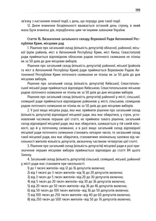 199
зв’язку з настанням певної події, є день, що передує дню такої події.
12. Днем вчинення бездіяльності вважається останній день строку, в який
мала бути вчинена дія, передбачена цим чи іншими законами України.
Стаття 16. Визначення загального складу Верховної Ради Автономної Рес-
публіки Крим, місцевих рад
1. Рішення про загальний склад (кількість депутатів) обласної, районної, місь-
кої (крім районів, міст в Автономній Республіці Крим, міст Києва, Севастополя)
ради приймається відповідною обласною радою поточного скликання не пізніш
як за 50 днів до дня місцевих виборів.
Рішення про загальний склад (кількість депутатів) районної, міської (районів
та міст в Автономній Республіці Крим) ради приймається Верховною Радою Ав-
тономної Республіки Крим поточного скликання не пізніш як за 50 днів до дня
місцевих виборів.
Рішення про загальний склад (кількість депутатів) Київської, Севастополь-
ської міської ради приймається відповідно Київською, Севастопольською міською
радою поточного скликання не пізніш як за 50 днів до дня місцевих виборів.
Рішення про загальний склад (кількість депутатів) районної у місті, сільської,
селищної ради приймається відповідною районною у місті, сільською, селищною
радою поточного скликання не пізніш як за 50 днів до дня місцевих виборів.
2. У разі якщо місцева рада, яка має прийняти рішення про загальний склад
(кількість депутатів) відповідної місцевої ради, яка має обиратися, у строк, уста-
новлений частиною першою цієї статті, не прийняла такого рішення, загальний
склад відповідної місцевої ради, яка має обиратися, залишається у тій самій кіль-
кості, що й у поточному скликанні, а в разі якщо загальний склад відповідної
місцевої ради поточного скликання становить непарне число, то загальний склад
такої місцевої ради, яка має обиратися, становитиме мінімальну залежно від чи-
сельності жителів кількість депутатів, визначену частиною четвертою цієї статті.
3. Рішення про загальний склад (кількість депутатів) місцевої ради в разі при-
значення перших місцевих виборів приймається відповідно до статті 84 цього
Закону.
4. Загальний склад (кількість депутатів) сільської, селищної, міської, районної
у місті ради має становити при чисельності:
1) до 1 тисячі жителів—від 12 до 16 депутатів включно;
2) від 1 тисячі до 3 тисяч жителів—від 16 до 20 депутатів включно;
3) від 3 тисяч до 5 тисяч жителів—від 20 до 30 депутатів включно;
4) від 5 тисяч до 20 тисяч жителів—від 30 до 36 депутатів включно;
5) від 20 тисяч до 50 тисяч жителів—від 36 до 46 депутатів включно;
6) від 50 тисяч до 100 тисяч жителів—від 36 до 50 депутатів включно;
7) від 100 тисяч до 250 тисяч жителів—від 40 до 60 депутатів включно;
8) від 250 тисяч до 500 тисяч жителів—від 50 до 76 депутатів включно;
 
