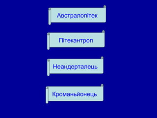 Австралопітек
Пітекантроп
Кроманьйонець
Неандерталець
 