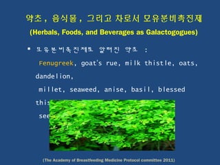 약초 , 음식물 , 그리고 차로서 모유분비촉진제
(Herbals, Foods, and Beverages as Galactogogues)
 모유분비촉진제로 알려진 약초 :
Fenugreek, goat’s rue, milk thistle, oats,
dandelion,
millet, seaweed, anise, basil, blessed
thistle, fennel
seeds, marshmallow
(The Academy of Breastfeeding Medicine Protocol committee 2011)
 