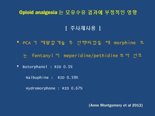 Opioid analgesia 는 모유수유 결과에 부정적인 영향
[ 주사제사용 ]
 PCA 가 제왕절개술 후 선택되었을 때 morphine 또
는 fentanyl 이 meperidine/pethidine 보다 선호
 Butorphanol : RID 0.5%
Nalbuphine : RID 0.59%
Hydromorphone : RID 0.67%
(Anne Montgomery et al 2012)
 