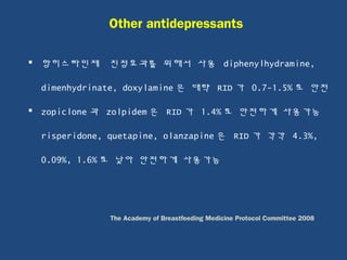 항히스타민제 진정효과를 위해서 사용 diphenylhydramine,
dimenhydrinate, doxylamine 은 대략 RID 가 0.7-1.5% 로 안전
 zopiclone 과 zolpidem 은 RID 가 1.4% 로 안전하게 사용가능
risperidone, quetapine, olanzapine 은 RID 가 각각 4.3%,
0.09%, 1.6% 로 낮아 안전하게 사용가능
Other antidepressants
The Academy of Breastfeeding Medicine Protocol Committee 2008
 