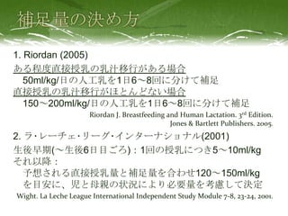 1. Riordan (2005)
ある程度直接授乳の乳汁移行がある場合
50ml/kg/日の人工乳を1日6～8回に分けて補足
直接授乳の乳汁移行がほとんどない場合
150～200ml/kg/日の人工乳を1日6～8回に分けて補足
Riordan J. Breastfeeding and Human Lactation. 3rd Edition.
Jones & Bartlett Publishers. 2005.
2. ラ･レーチェ･リーグ･インターナショナル(2001)
生後早期(～生後6日目ごろ)：1回の授乳につき5～10ml/kg
それ以降：
予想される直接授乳量と補足量を合わせ120～150ml/kg
を目安に、児と母親の状況により必要量を考慮して決定
Wight. La Leche League International Independent Study Module 7-8, 23-24, 2001.
 