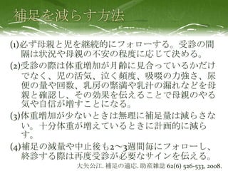 (1)必ず母親と児を継続的にフォローする。受診の間
隔は状況や母親の不安の程度に応じて決める。
(2)受診の際は体重増加が月齢に見合っているかだけ
でなく、児の活気、泣く頻度、吸啜の力強さ、尿
便の量や回数、乳房の緊満や乳汁の漏れなどを母
親と確認し、その効果を伝えることで母親のやる
気や自信が増すことになる。
(3)体重増加が尐ないときは無理に補足量は減らさな
い。十分体重が増えているときに計画的に減ら
す。
(4)補足の減量や中止後も2～3週間毎にフォローし、
終診する際は再度受診が必要なサインを伝える。
大矢公江. 補足の適応. 助産雑誌 62(6) 526-533, 2008.
 