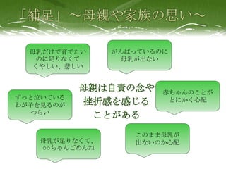 母親は自責の念や
挫折感を感じる
ことがある
母乳だけで育てたい
のに足りなくて
くやしい、悲しい
がんばっているのに
母乳が出ない
母乳が足りなくて、
○○ちゃんごめんね
赤ちゃんのことが
とにかく心配ずっと泣いている
わが子を見るのが
つらい
このまま母乳が
出ないのか心配
 