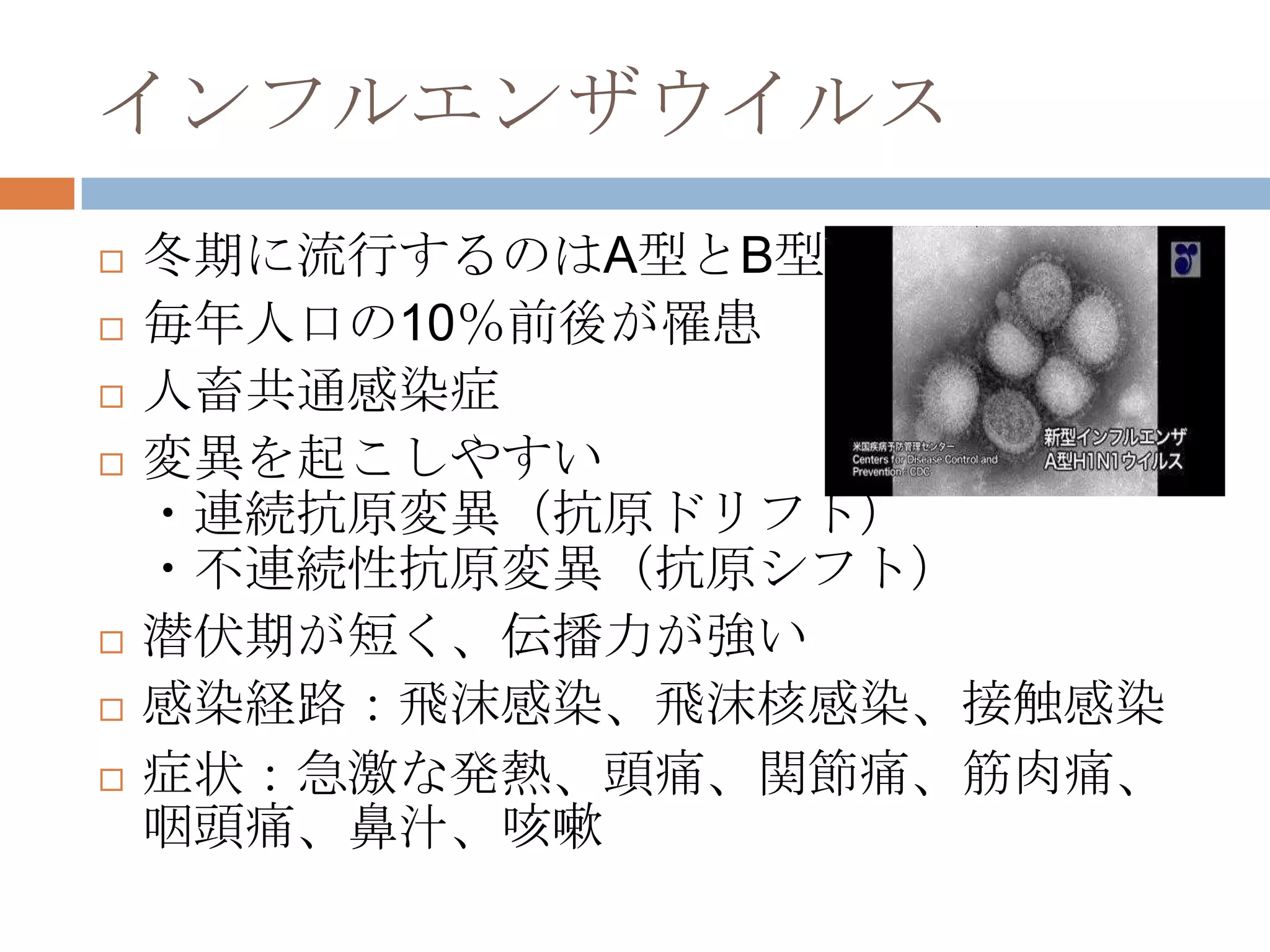インフルエンザウイルス
 冬期に流行するのはA型とB型
 毎年人口の10％前後が罹患
 人畜共通感染症
 変異を起こしやすい
・連続抗原変異（抗原ドリフト）
・不連続性抗原変異（抗原シフト）
 潜伏期が短く、伝播力が強い
 感染経路：飛沫感染、飛沫核感染、接触感染
 症状：急激な発熱、頭痚、関節痚、筋肉痚、
咽頭痚、鼻汁、咳嗽
 