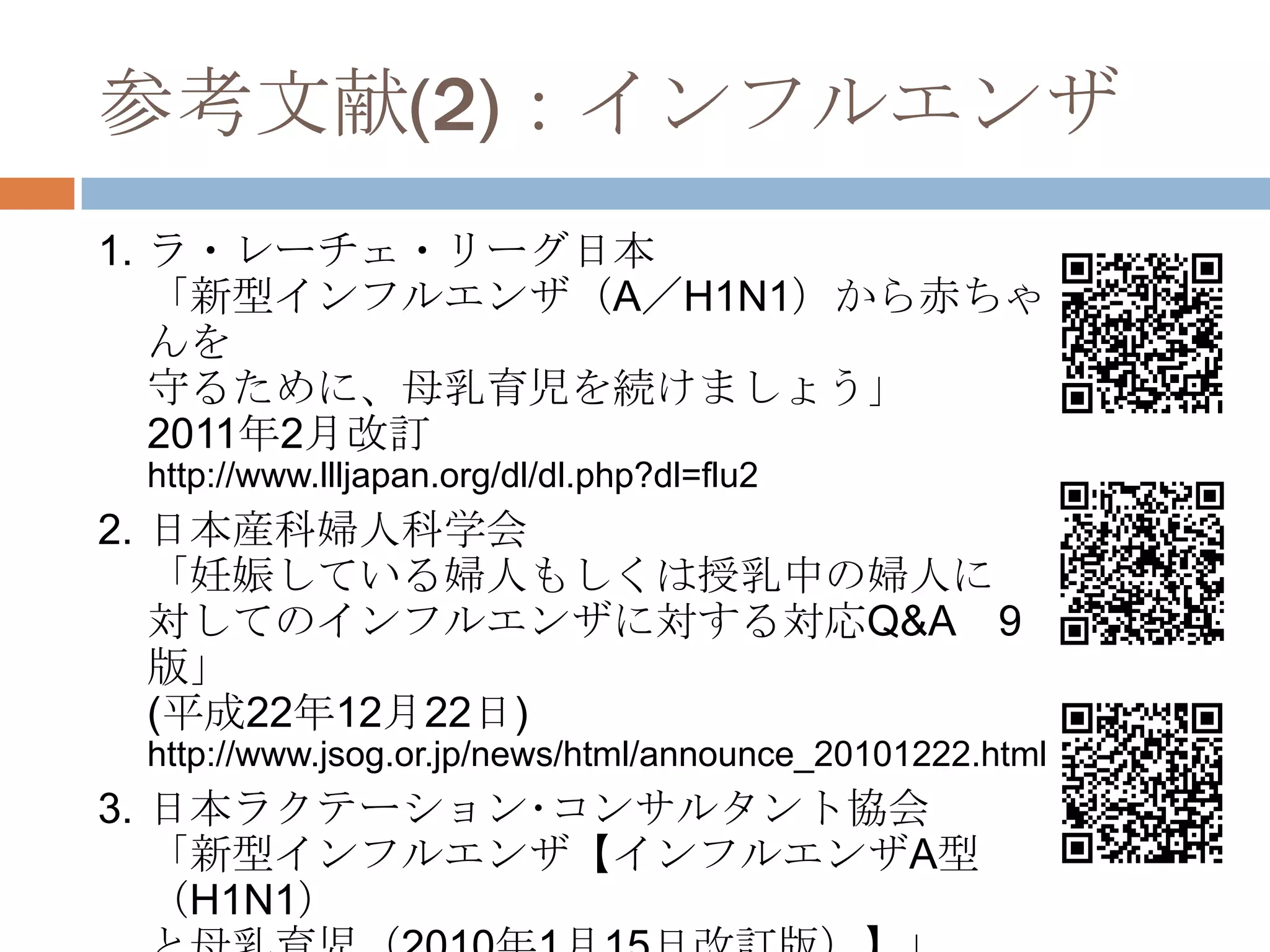 参考文献(2)：インフルエンザ
1. ラ・レーチェ・リーグ日本
「新型インフルエンザ（A／H1N1）から赤ちゃ
んを
守るために、母乳育児を続けましょう」
2011年2月改訂
http://www.llljapan.org/dl/dl.php?dl=flu2
2. 日本産科婦人科学会
「妊娠している婦人もしくは授乳中の婦人に
対してのインフルエンザに対する対応Q&A 9
版」
(平成22年12月22日)
http://www.jsog.or.jp/news/html/announce_20101222.html
3. 日本ラクテーション･コンサルタント協会
「新型インフルエンザ【インフルエンザA型
（H1N1）
 