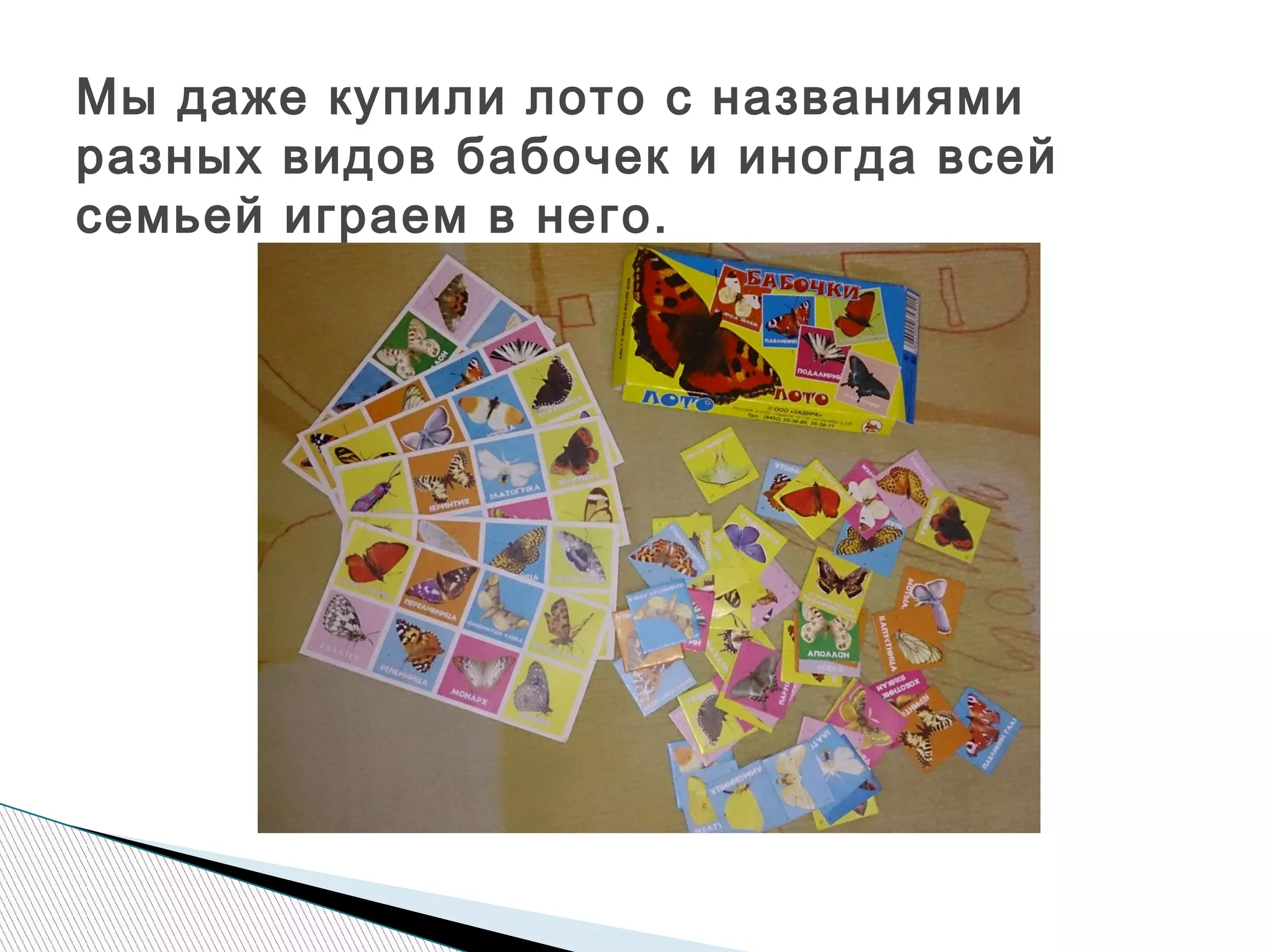 Мы даже купили лото с названиями
разных видов бабочек и иногда всей
семьей играем в него.
 